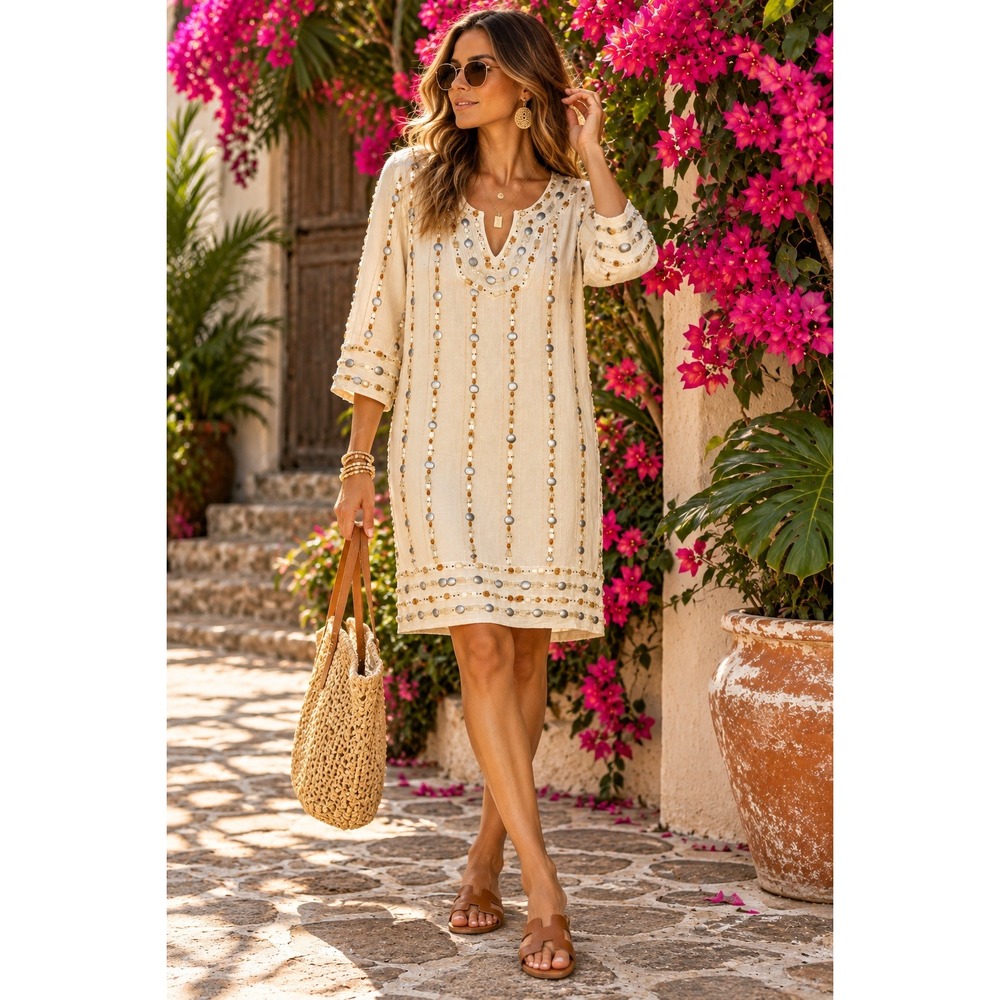 Gretchen Scott Designs Ivory Linen Cotton Beaded Shift Dress Boho Size Small